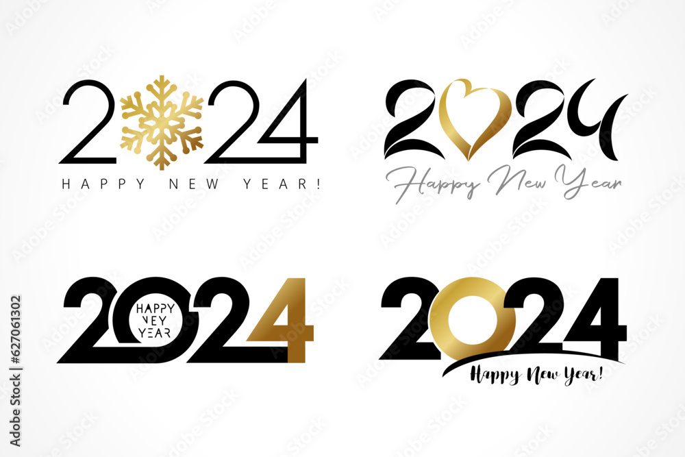 Big Set of 2024 logo with golden heart, snowflake and simple design. Xmas numbers 20 24 in gold tones. Vector illustration for holiday