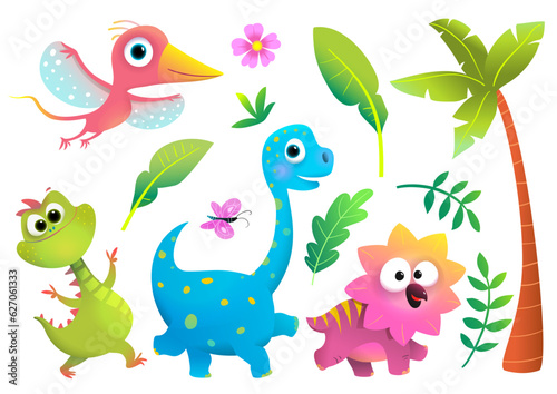 Cute Baby Dinosaur Collection for Children. Colorful and Playful imaginary dino animals, nature objects clip art for kids. Vector funny dinosaur, isolated clipart collection for children.