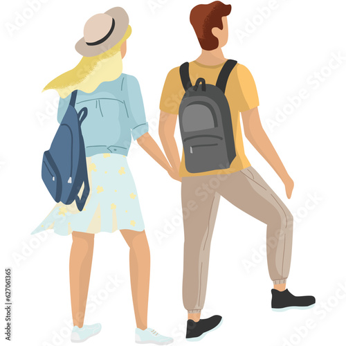 Couple tourist with backpack backside vector icon