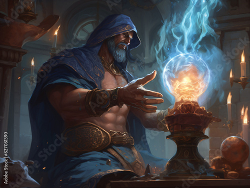 A muscular man wizard fantasy character holding a glowing ball in his hand Generative Ai