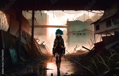 Portrait of a girl with blue hair on the background of destroyed buildings. Post-apocalypse concept. Generative AI.
