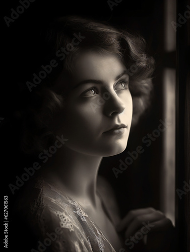 A black and white portrait of a woman gazing thoughtfully through a window in a captivating black and white image Generative Ai