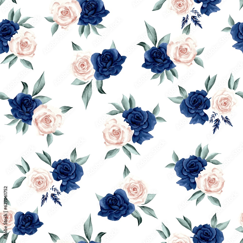 Watercolor flowers pattern, blue and white roses, green leaves, white background, seamless
