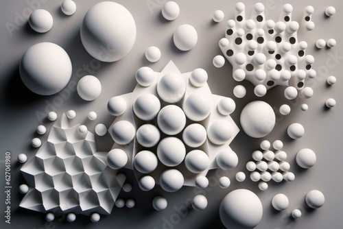 Top-down perspective of abstract white ceramic spheres. Generative AI © Celestina