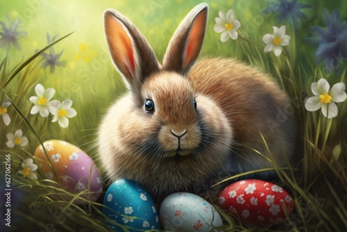 A cute, furry Easter bunny surrounded by colorful Easter eggs in a lush meadow. Generative AI