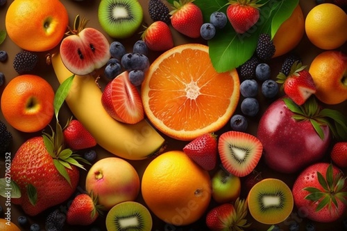 Diverse selection of crisp fruits such as apples  strawberries  and oranges. Bursting with color and flavor. Generative AI