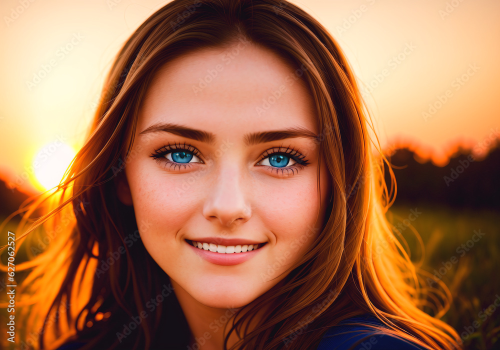 Portrait of a beautiful young woman in the sunset. Generative AI