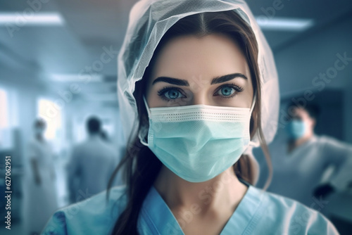 Health care and medicine concept. Close-up portrait of doctor woman with surgical or medicine mask looking at camera. Model wearing medicine clothes. Generative AI