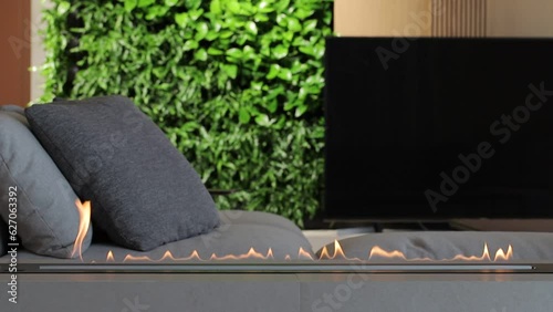 Burning eco bio ethanol fireplace in the living room