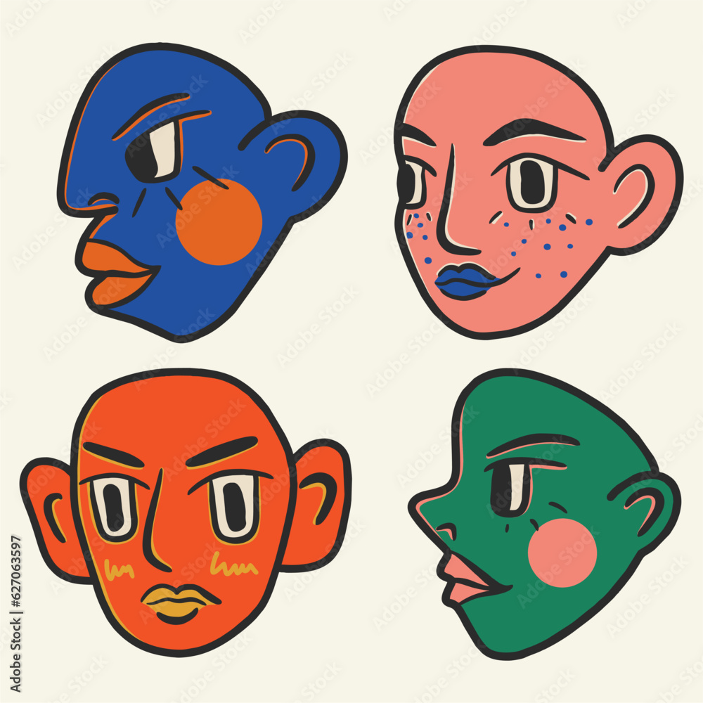Cartoon faces. Freehand drawing style. Different colorful characters, profile.Flat design. Hand drawn fashion vector illustration. Every face is isolated.
