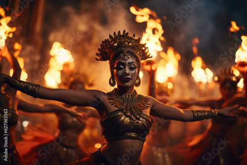Enchanting Kecak Fire Dance. Group of Balinese Dancers Captivating the Audience. AI Generative 