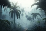 A misty rainforest with coconut trees and palm trees. 3d rendering. Generative AI