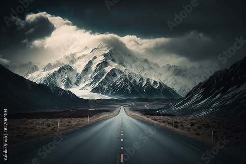 A steep road is flanked by towering snowy peaks and enveloped in clouds. Generative AI