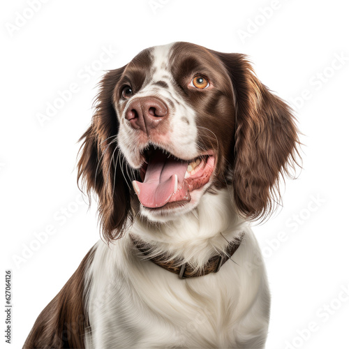 Happy, smiling Liver and White Springer Spaniel dog portrait