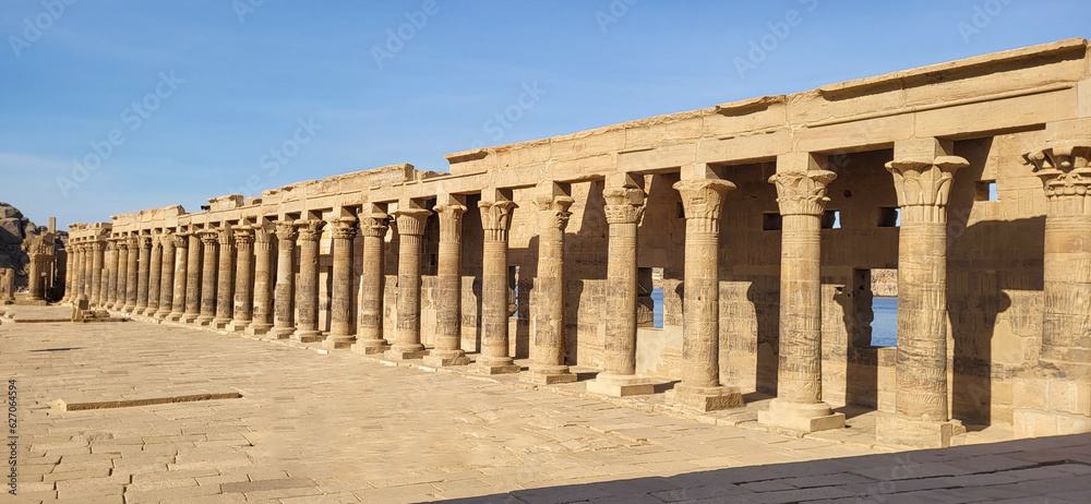 Columns of the Temple of Philae. Hypostyle room with a series of stone columns. hieroglyphics. Aswan. Egypt.