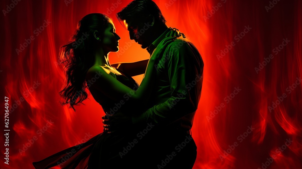 Illustration of couple in silhouette dancing with abstract background. Made with Generative AI.	