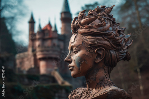 Stone head of a woman on the background of the castle. Generative AI