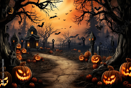 Spooky halloween illustration, pumpkins castle, dark, cartoon style for kids. High quality photo