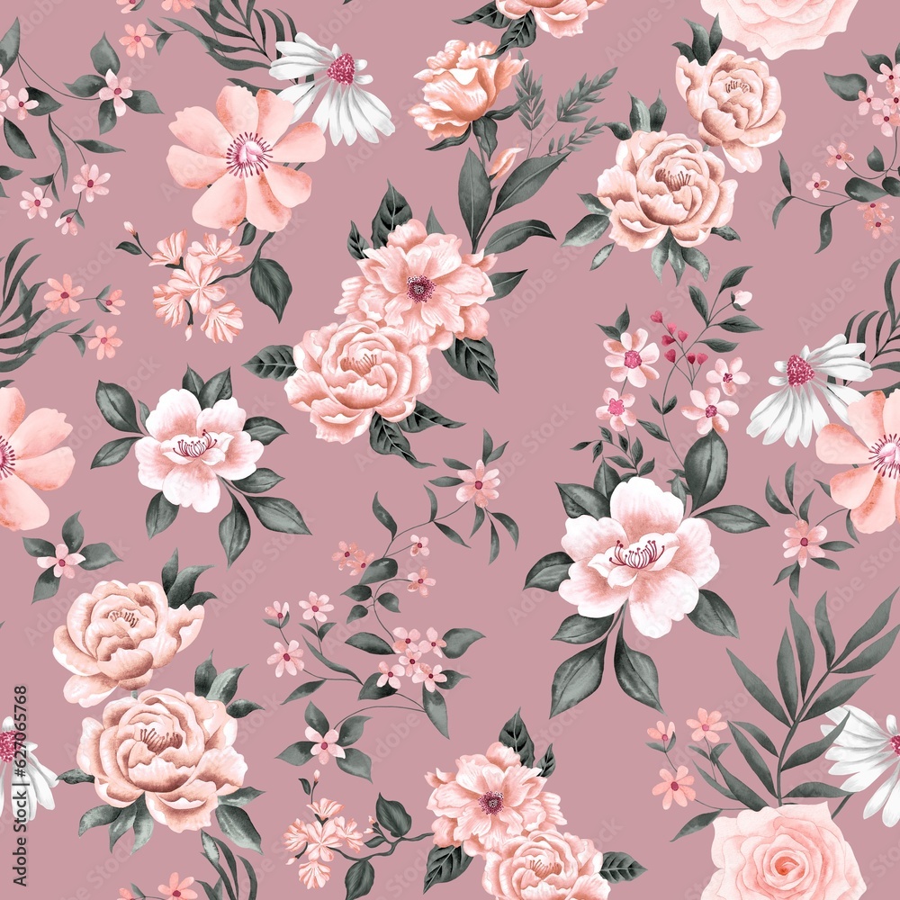 Watercolor flowers pattern, golden roses, green leaves, soft pink background, seamless