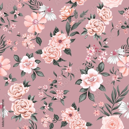 Watercolor flowers pattern  golden roses  green leaves  soft pink background  seamless