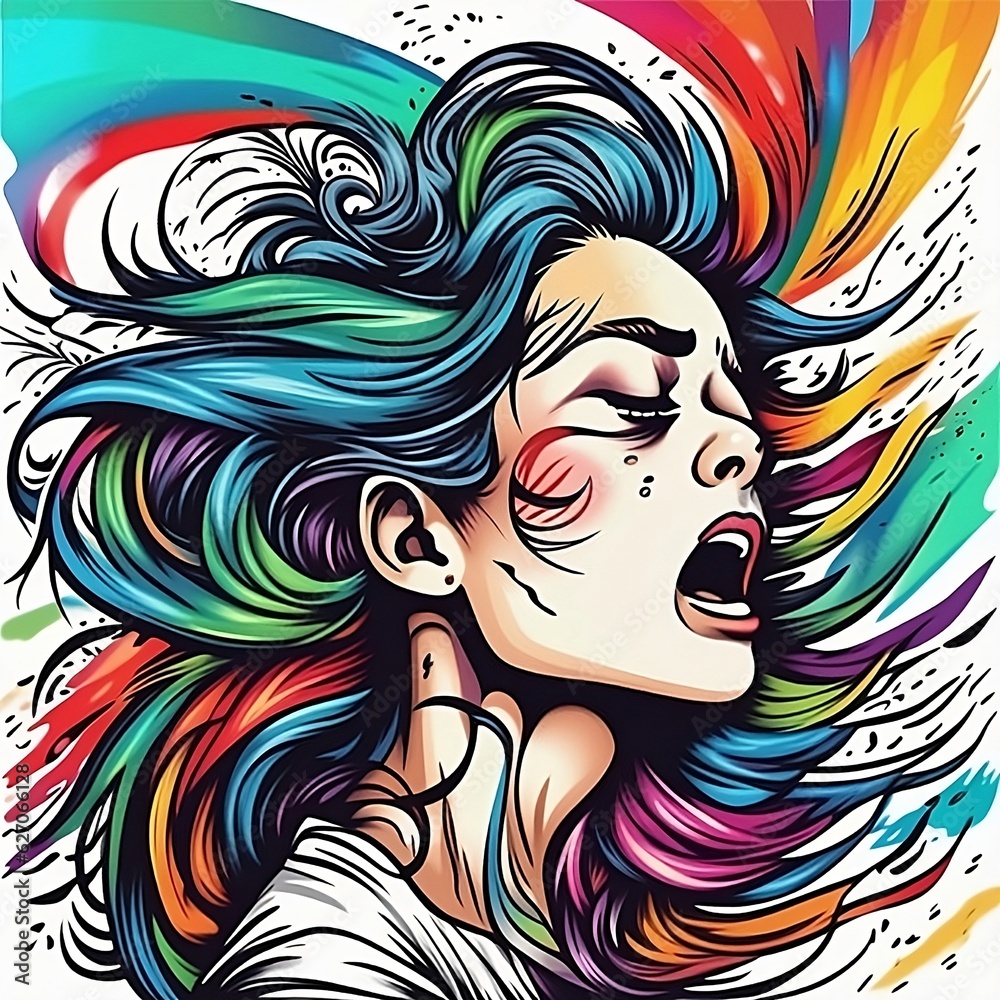 Women emotional with migrant, mental health. A powerful image of a woman expressing emotions, featuring colorful fantasy elements. Isolated on a white background with a touch of tattoo art