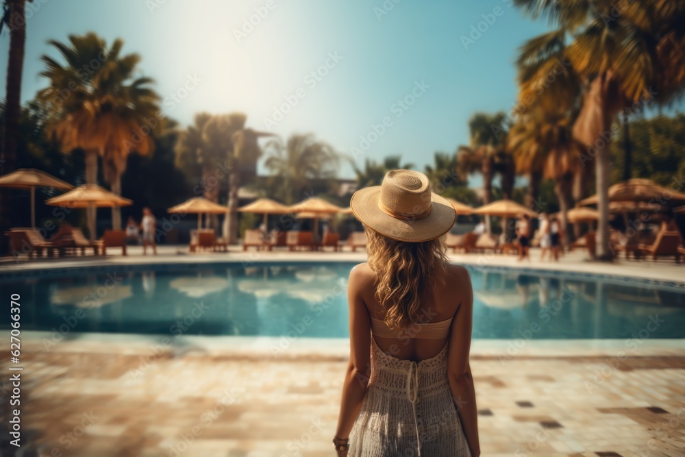 Back view of young stylish blond woman wearing straw hat on her, vacation at a beautiful resort. standing by a warm summer swimming pool. sunny day. Vacation. Copy Space. Made With Generative AI.