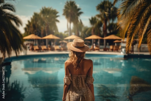 Back view of young stylish blond woman wearing straw hat on her, vacation at a beautiful resort. standing by a warm summer swimming pool. sunny day. Vacation. Copy Space. Made With Generative AI. © John Martin