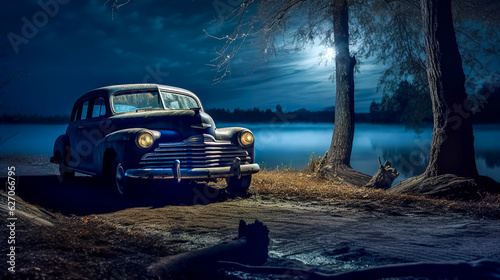 retro old vehicle on the shore of the lake at night  made with Generative AI