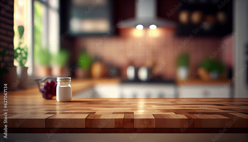The wood table top on the blurred kitchen background
