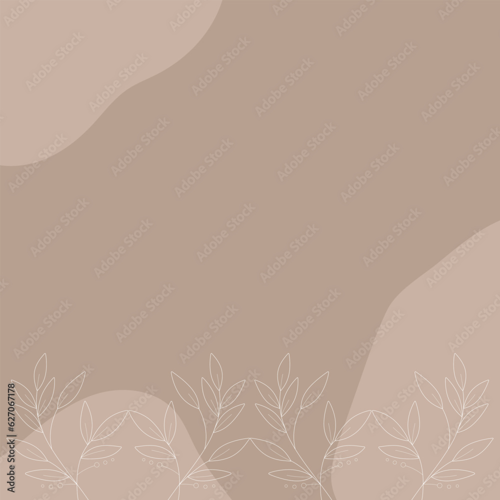 Abstract template with white branches and leaves at the bottom on a beige background with elements. Application in templates. Banners. Abstract elements. Branch and leaves. Aesthetic white outline. 