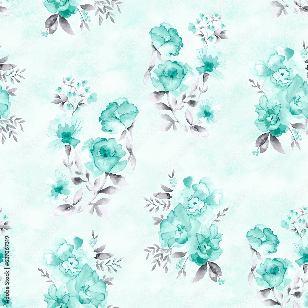 Watercolor flowers pattern, blue tropical elements, gray leaves, blue background, seamless
