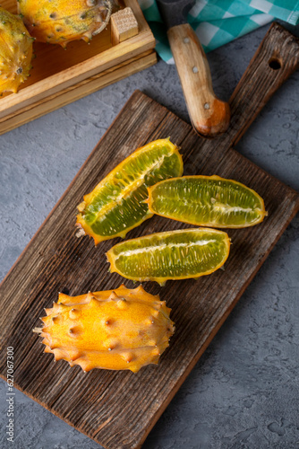 Kiwano fruit; Horned melon is known by such names as African horned melon or melon, jelly melon, hedged gourd, English Tomato, melano, or kiwano or 