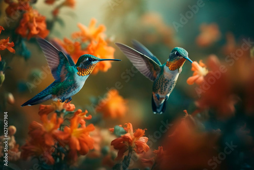 Hummingbirds fly over flowers. Generative AI photo