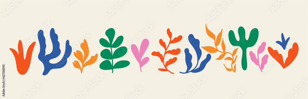 Set of hand drawn exotic jungle leaves, flowers and plants. Abstract modern trendy vector illustration. Perfect for posters, instagram posts, stickers.