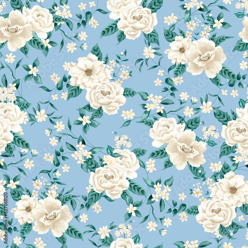Watercolor flowers pattern, white tropical elements, green leaves, blue background, seamless