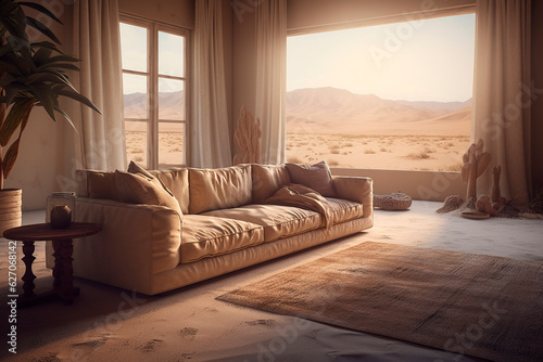 Sofa in the room and sand field. Generative AI
