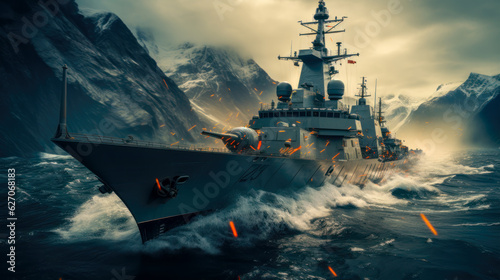 Billede på lærred Navy Ship in Combat with Mountains and Clouds Background Naval Warship Firing Fl