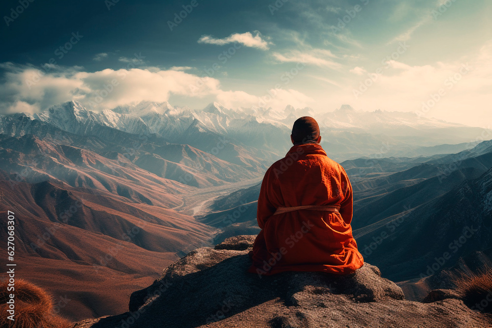 Fototapeta premium buddhist monk meditates on a rock. Generative AI