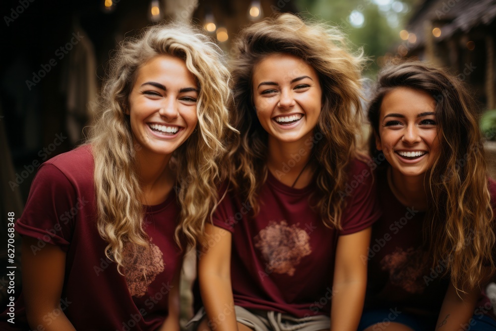 A group of friends wearing contrasting colored t-shirts and laughing together, symbolizing joy and friendship. Generative AI