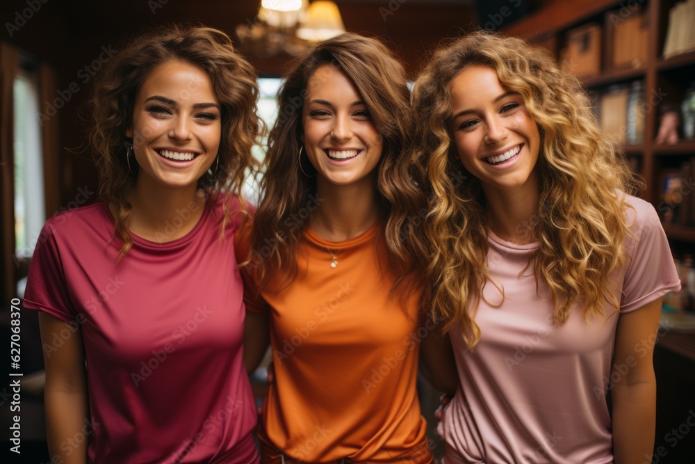 A group of friends wearing contrasting colored t-shirts and laughing together, symbolizing joy and friendship. Generative AI