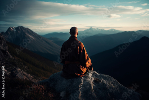 buddhist monk meditates on a rock. Generative AI © ARAMYAN