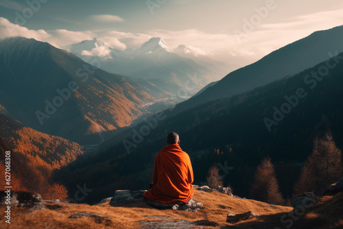 buddhist monk meditates on a rock. Generative AI