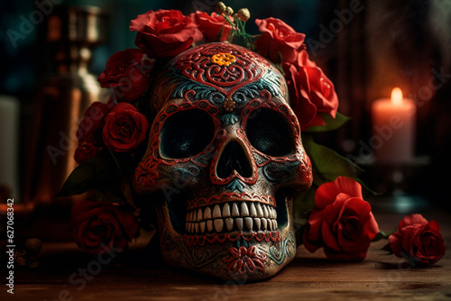 Golden skull with red roses. Generative AI