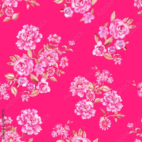 Watercolor Barbie flowers pattern, pink romantic roses, leaves, pink background, seamless
