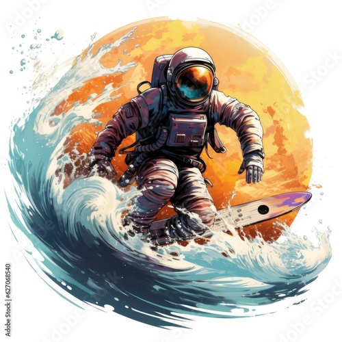 Space surfing, surfer on space wave. in watercolor style, on white background. 