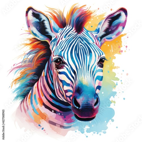 Watercolor style zebra portrait  on a white background. 