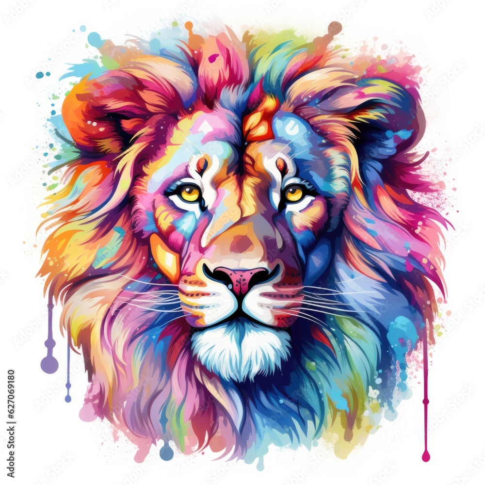rainbow lion in a watercolor style on a white background. 