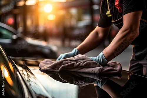 A man cleaning a car with a microfiber cloth, car detailing concept. 