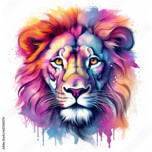 rainbow lion in a watercolor style on a white background.  © TETIANA