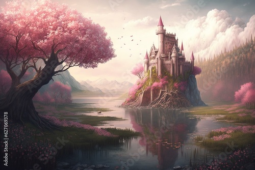 A pink spring landscape with a dream castle by a river depicted in a fantasy illustration. Generative AI